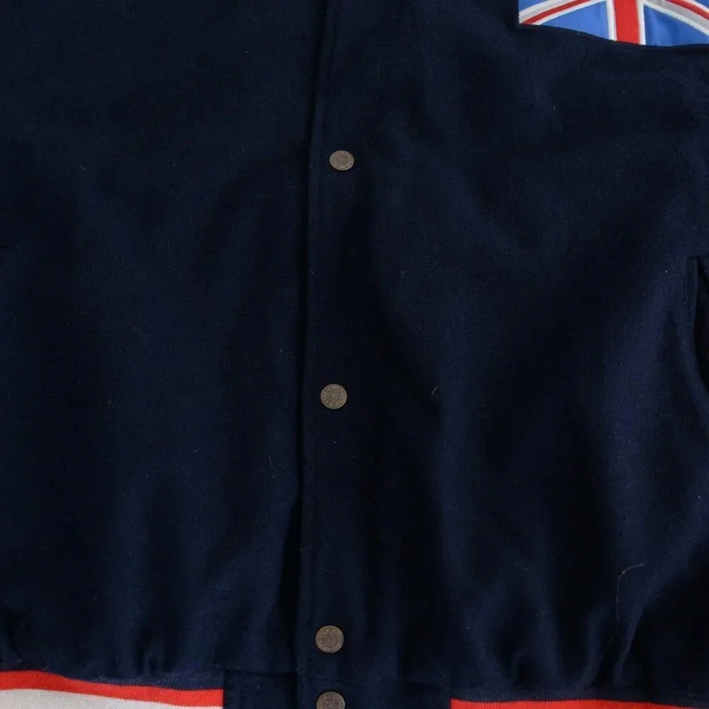 Vintage 90S Steve And Barrys British Flag Navy And Cream Wool Blend Faux Leather - Picture 9 of 16